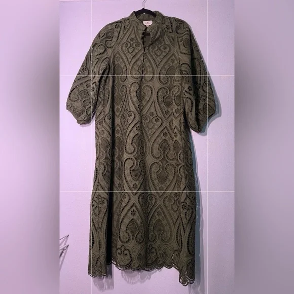 Tuckernuck Army Green Maryse Eyelet Lace Midi Dress medium - Picture 5 of 10